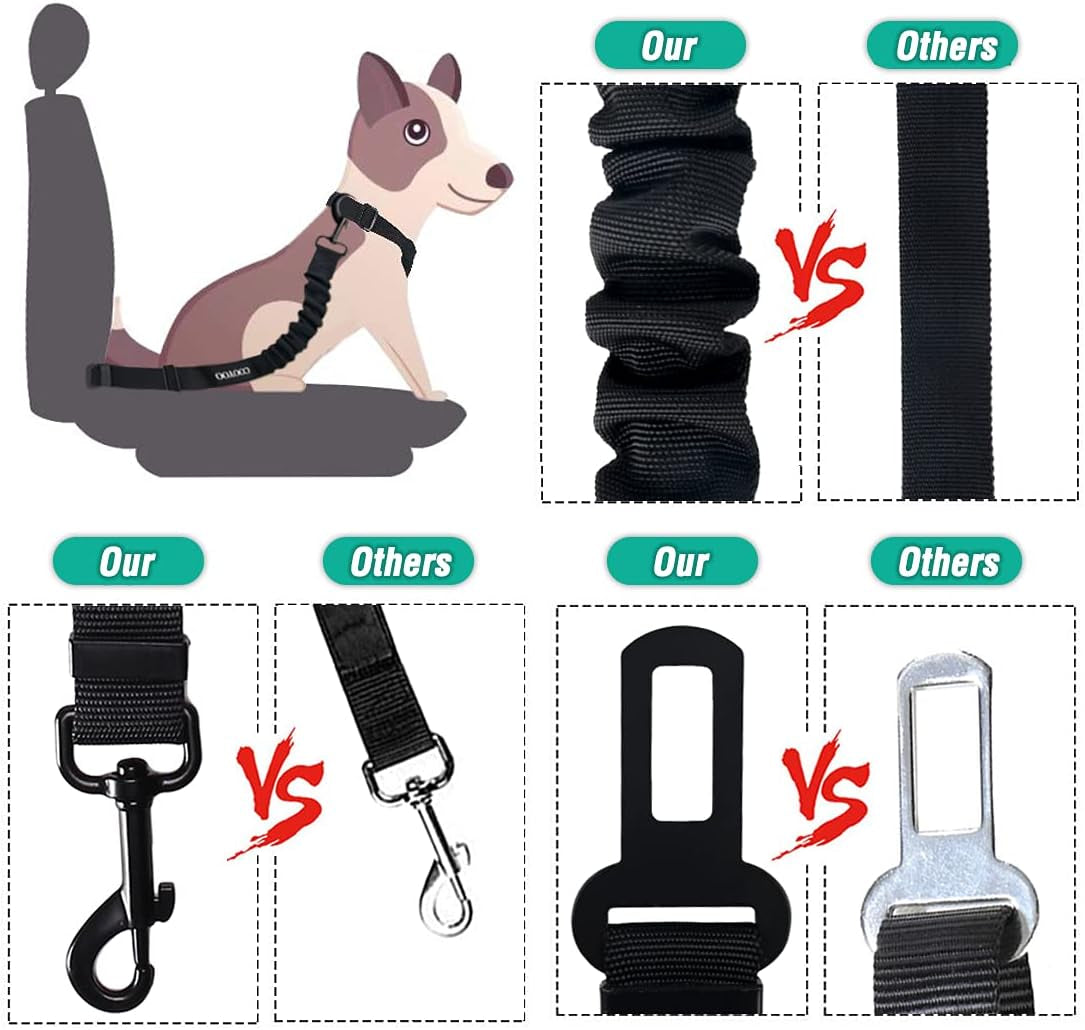 Dog Seat Belt Set, 3 Piece – Retractable Dog Car Harness, Adjustable Nylon Pet Safety Seat Belts, Heavy Duty & Elastic for Vehicle.